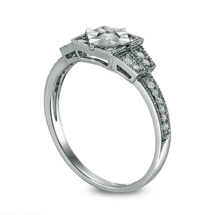 Rings Goldia 025 CT TW Natural Diamond Square Frame Art Deco Antique VintageStyle Promise Ring in Sterling Silver
