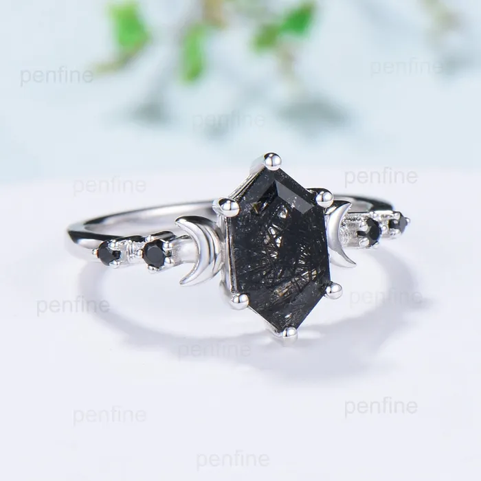 Crescent Moon Black Rutilated Quartz Engagement Ring Set Unique Long Hexagon Black Crystal Wedding Ring Spinel Stacking Anniversary Ring PENFINE Rings
