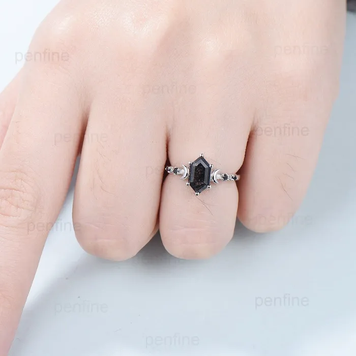 Crescent Moon Black Rutilated Quartz Engagement Ring Set Unique Long Hexagon Black Crystal Wedding Ring Spinel Stacking Anniversary Ring PENFINE Rings