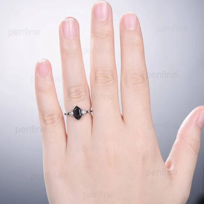 Crescent Moon Black Rutilated Quartz Engagement Ring Set Unique Long Hexagon Black Crystal Wedding Ring Spinel Stacking Anniversary Ring PENFINE Rings