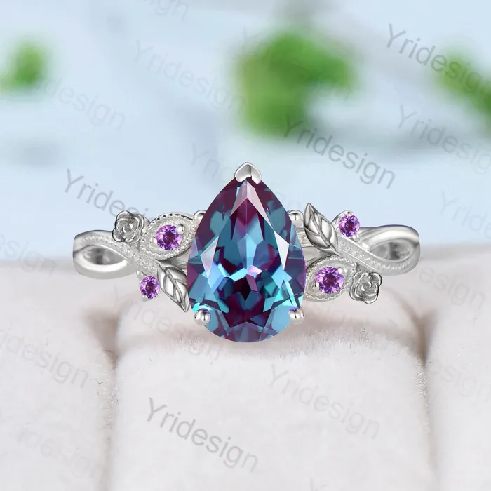 PENFINE Nature Inspired Alexandrite Engagement Ring Vintage Flower Leaves Twig Amethyst Wedding Ring Unique Art Deco Branch Promise Ring for Women Rings