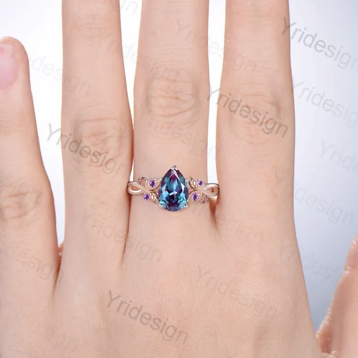 PENFINE Nature Inspired Alexandrite Engagement Ring Vintage Flower Leaves Twig Amethyst Wedding Ring Unique Art Deco Branch Promise Ring for Women Rings