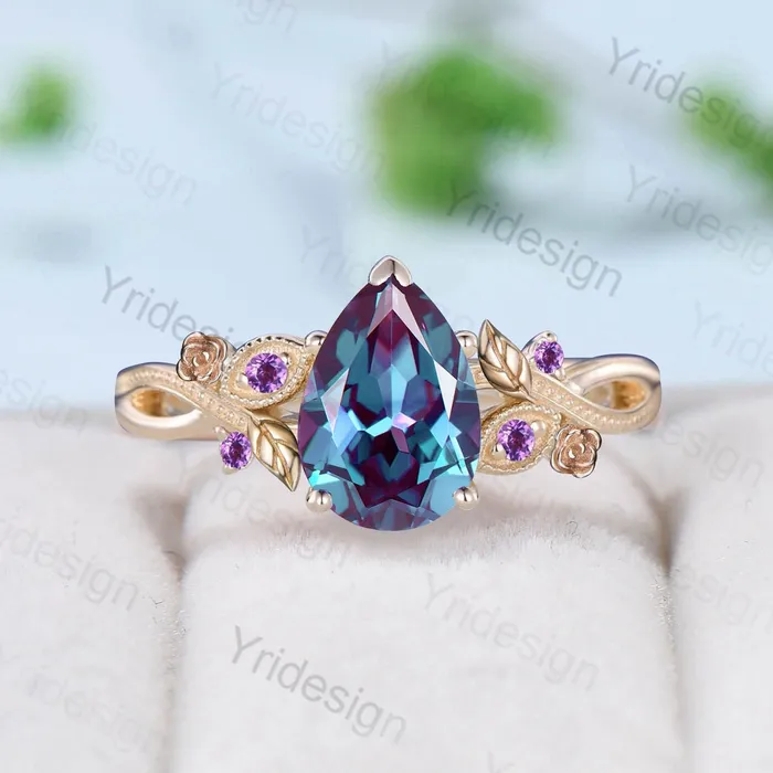 PENFINE Nature Inspired Alexandrite Engagement Ring Vintage Flower Leaves Twig Amethyst Wedding Ring Unique Art Deco Branch Promise Ring for Women Rings