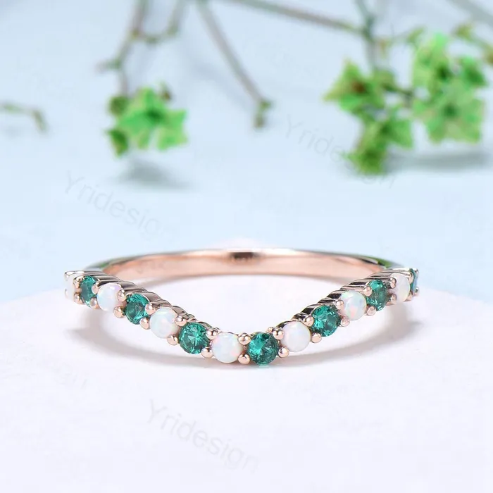 PENFINE Rings Curved opal wedding ring half eternity opal emerald wedding band silver 14k rose gold anniversary ring stacking band for hexagon cut ring