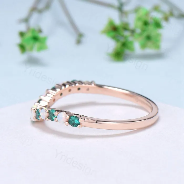 PENFINE Rings Curved opal wedding ring half eternity opal emerald wedding band silver 14k rose gold anniversary ring stacking band for hexagon cut ring