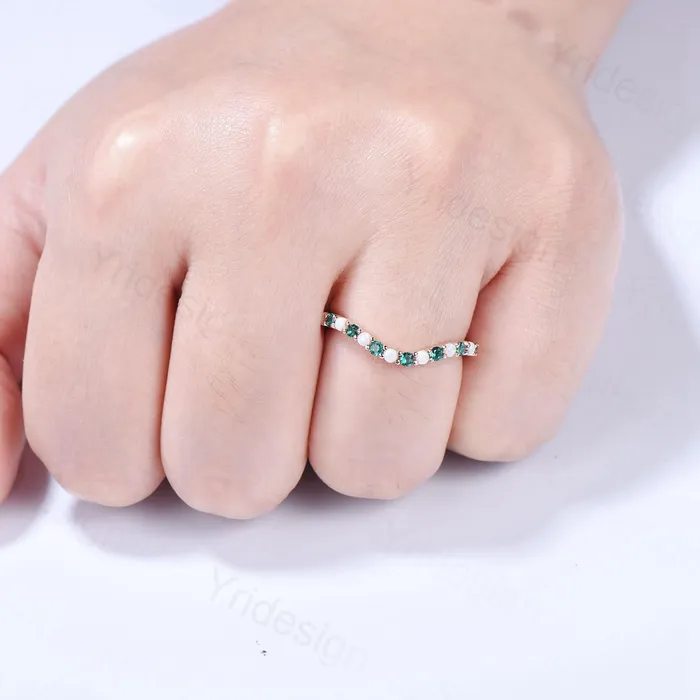 PENFINE Rings Curved opal wedding ring half eternity opal emerald wedding band silver 14k rose gold anniversary ring stacking band for hexagon cut ring