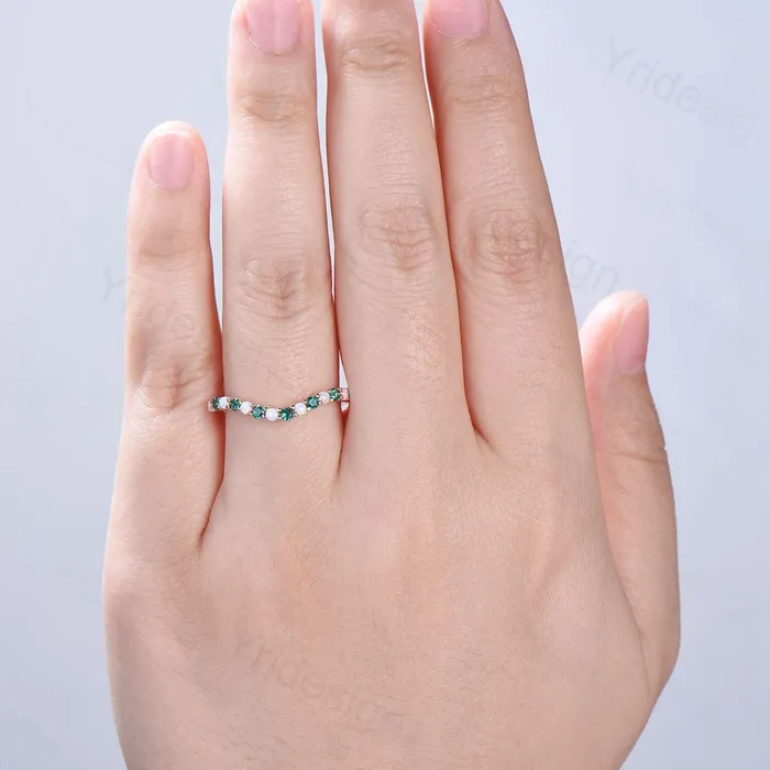 PENFINE Rings Curved opal wedding ring half eternity opal emerald wedding band silver 14k rose gold anniversary ring stacking band for hexagon cut ring