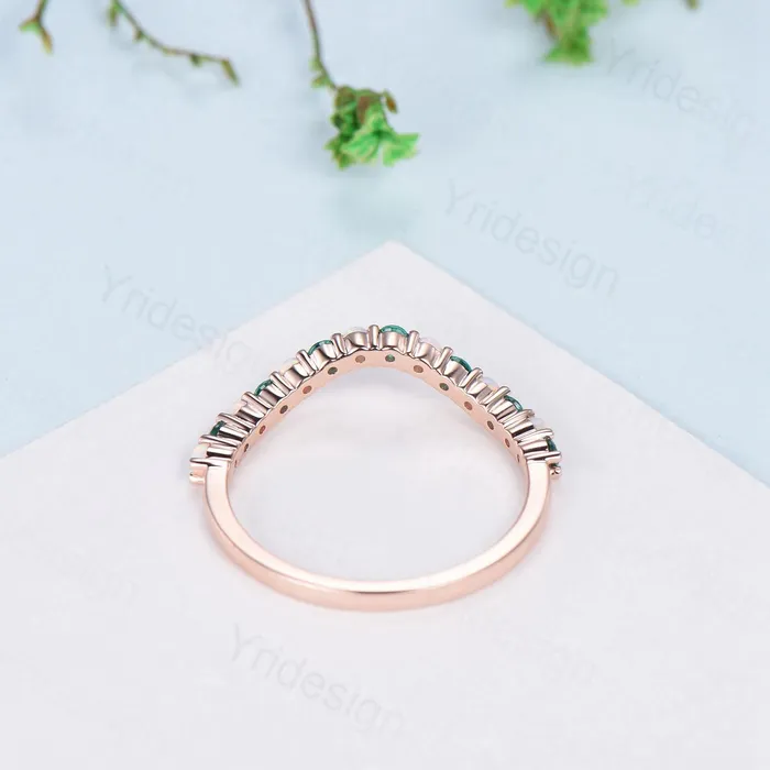 PENFINE Rings Curved opal wedding ring half eternity opal emerald wedding band silver 14k rose gold anniversary ring stacking band for hexagon cut ring