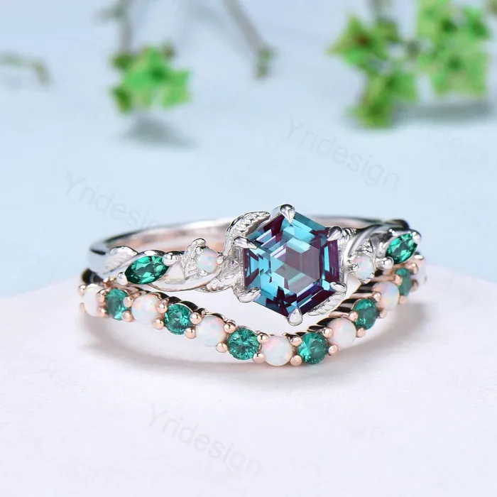 PENFINE Rings Curved opal wedding ring half eternity opal emerald wedding band silver 14k rose gold anniversary ring stacking band for hexagon cut ring