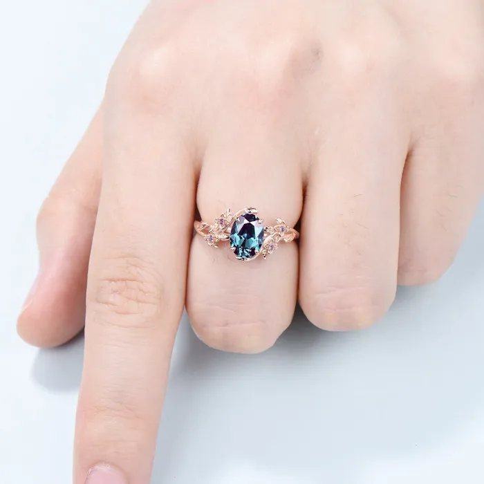 PENFINE Rings Unique alexandrite ring vintage Oval floral engagement ring nature inspired leaf cluster amethyst flower June birthstone gift for women