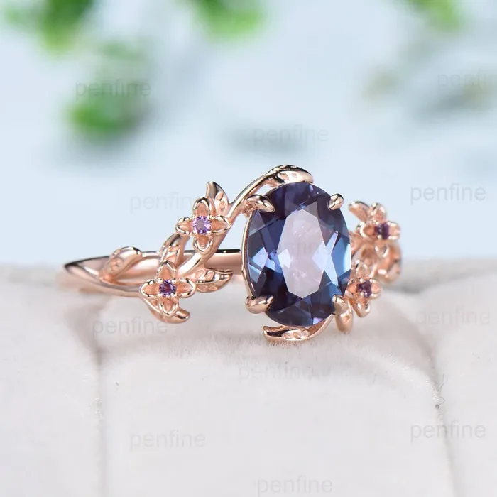 PENFINE Rings Unique alexandrite ring vintage Oval floral engagement ring nature inspired leaf cluster amethyst flower June birthstone gift for women
