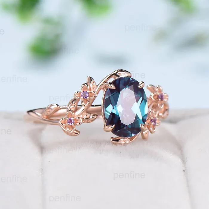 PENFINE Rings Unique alexandrite ring vintage Oval floral engagement ring nature inspired leaf cluster amethyst flower June birthstone gift for women