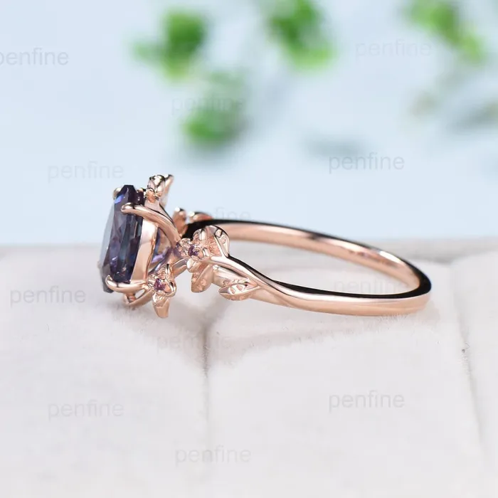 PENFINE Rings Unique alexandrite ring vintage Oval floral engagement ring nature inspired leaf cluster amethyst flower June birthstone gift for women