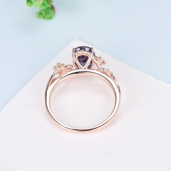 PENFINE Rings Unique alexandrite ring vintage Oval floral engagement ring nature inspired leaf cluster amethyst flower June birthstone gift for women