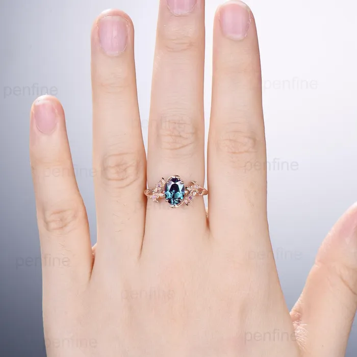 PENFINE Rings Unique alexandrite ring vintage Oval floral engagement ring nature inspired leaf cluster amethyst flower June birthstone gift for women