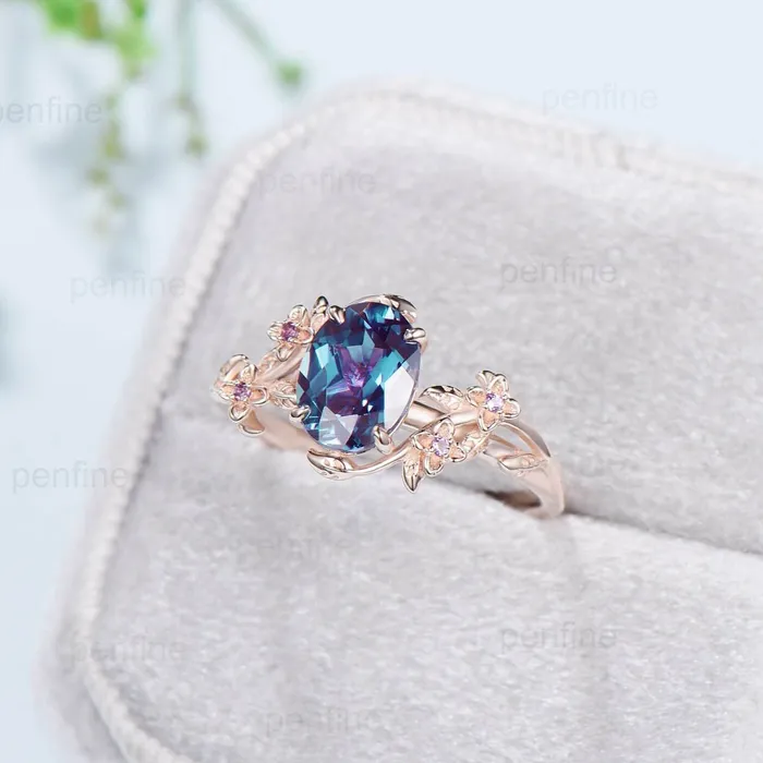 PENFINE Rings Unique alexandrite ring vintage Oval floral engagement ring nature inspired leaf cluster amethyst flower June birthstone gift for women