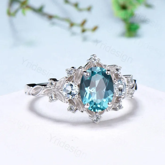 PENFINE Rings Unique oval blue paraiba engagement ring Nature Inspired silver white gold leaf engagement ring cluster aquamarine wedding band ring women