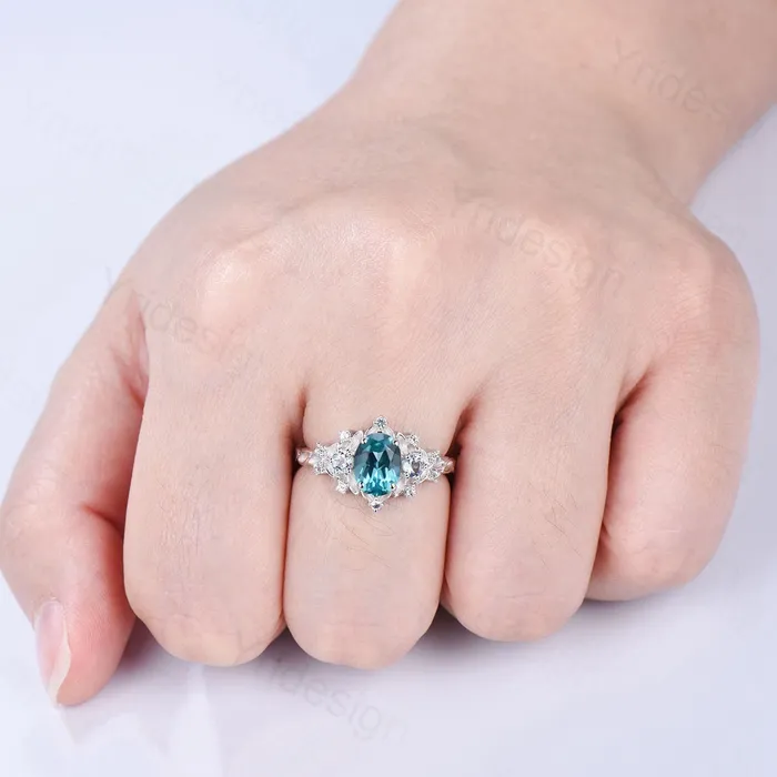 PENFINE Rings Unique oval blue paraiba engagement ring Nature Inspired silver white gold leaf engagement ring cluster aquamarine wedding band ring women