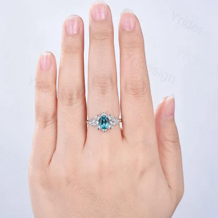 PENFINE Rings Unique oval blue paraiba engagement ring Nature Inspired silver white gold leaf engagement ring cluster aquamarine wedding band ring women