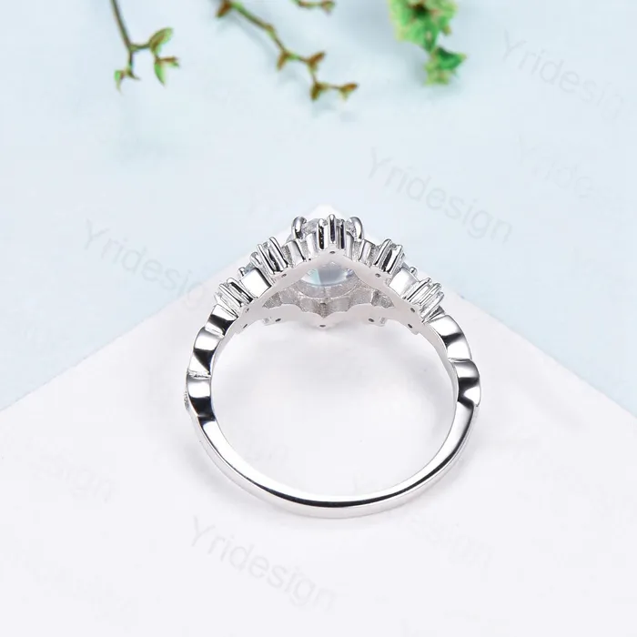 PENFINE Rings Unique oval blue paraiba engagement ring Nature Inspired silver white gold leaf engagement ring cluster aquamarine wedding band ring women