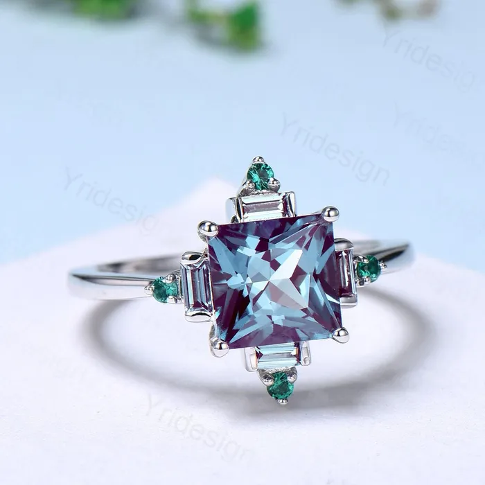 Rings PENFINE Unique 2 carat princess cut alexandrite ring halo baguette color change stone engagement ring14k white gold art deco anniversary ring gift