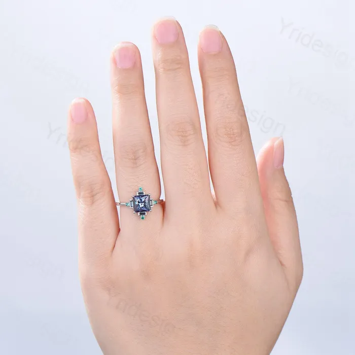 Rings PENFINE Unique 2 carat princess cut alexandrite ring halo baguette color change stone engagement ring14k white gold art deco anniversary ring gift