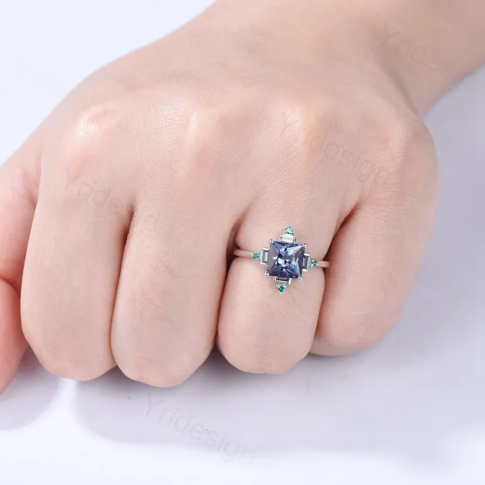 Rings PENFINE Unique 2 carat princess cut alexandrite ring halo baguette color change stone engagement ring14k white gold art deco anniversary ring gift