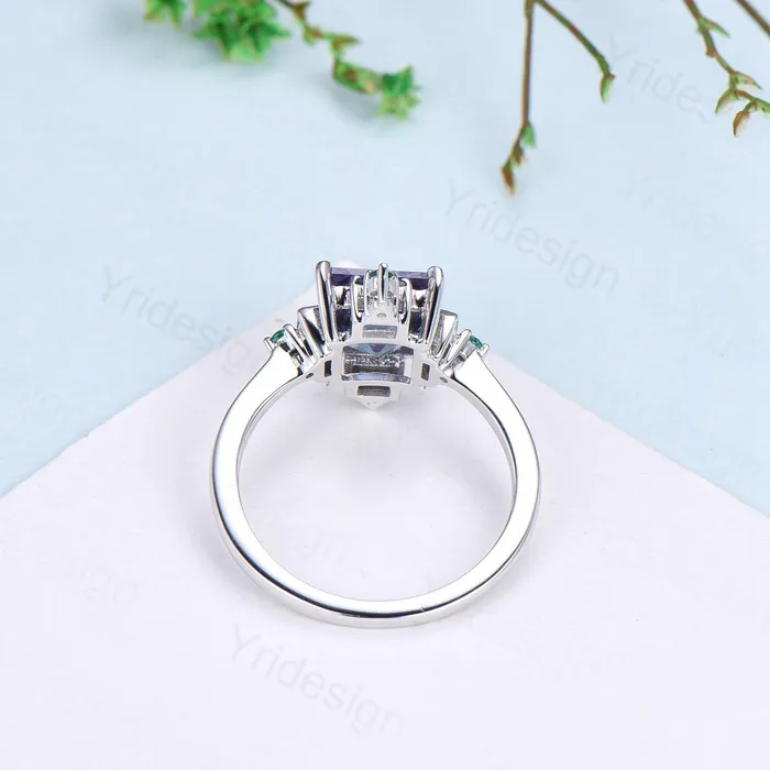 Rings PENFINE Unique 2 carat princess cut alexandrite ring halo baguette color change stone engagement ring14k white gold art deco anniversary ring gift
