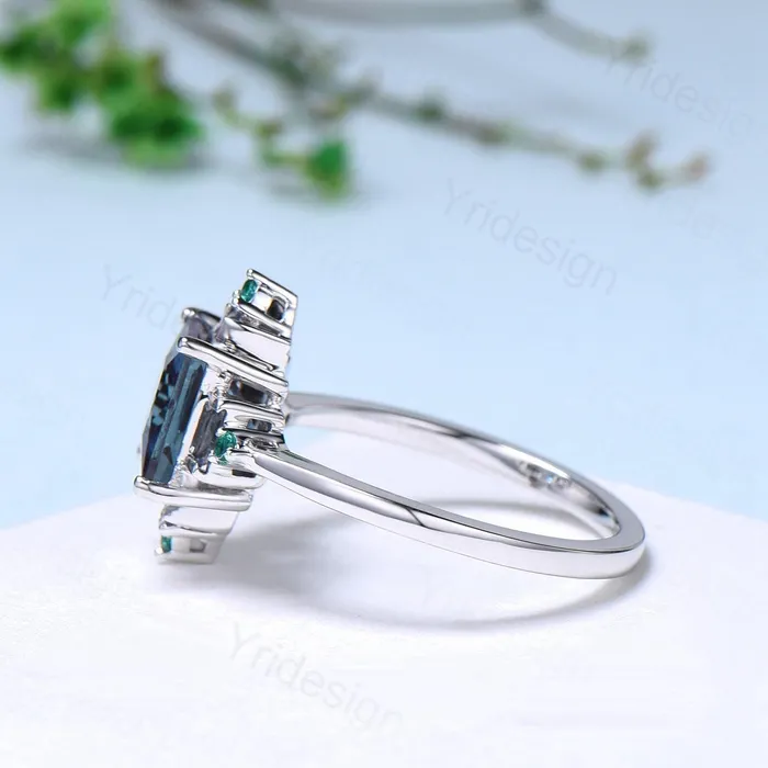 Rings PENFINE Unique 2 carat princess cut alexandrite ring halo baguette color change stone engagement ring14k white gold art deco anniversary ring gift