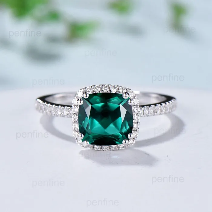 Rings Vintage cushion emerald wedding ring set 14k18k white gold retro halo diamond emerald engagement ring set Double enhancer stacking band PENFINE Rings Vintage cushion emerald wedding ring set 14k18k white gold retro halo diamond emerald engagement ring set Double enhancer stacking band PENFINE