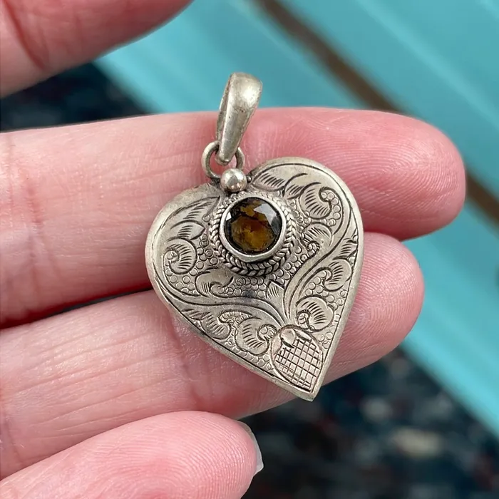 Necklaces Engraved Heart Pendant Citrine Sterling Silver vintage Vintage Paris Jewelry