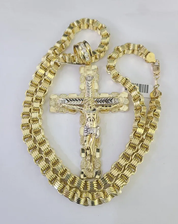 Gold and Diamond 10k Gold Byzantine Necklace Jesus Cross Charm Pendant 2030 8mm REAL SET Chain Necklaces