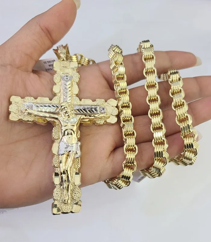 Gold and Diamond 10k Gold Byzantine Necklace Jesus Cross Charm Pendant 2030 8mm REAL SET Chain Necklaces