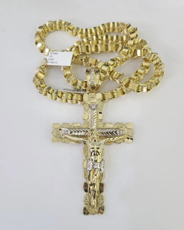 Gold and Diamond 10k Gold Byzantine Necklace Jesus Cross Charm Pendant 2030 8mm REAL SET Chain Necklaces