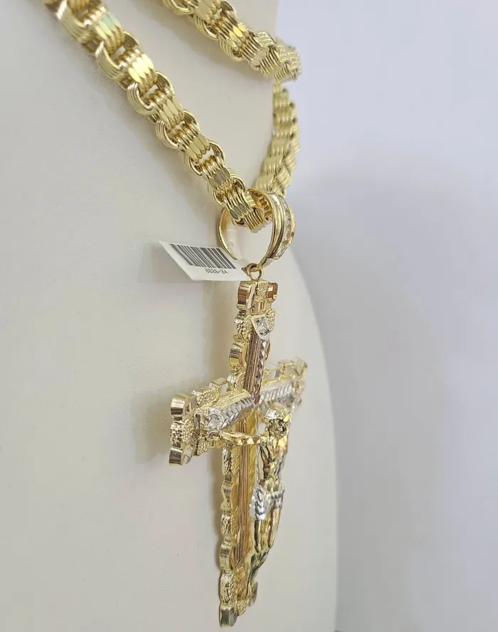 Gold and Diamond 10k Gold Byzantine Necklace Jesus Cross Charm Pendant 2030 8mm REAL SET Chain Necklaces