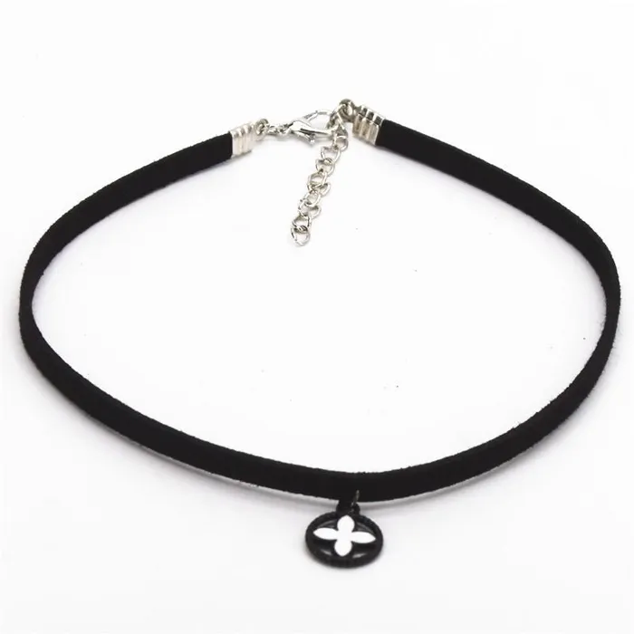 Black Velvet Leather Round Clover Pendant Necklace sparklingselections Necklaces